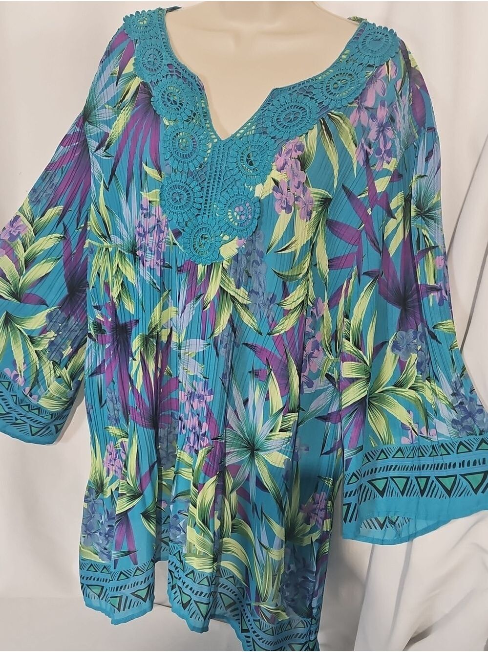 Catherines Plus Size 22-24W Teal Tropical Boho Tunic Crochet Lace Top XXL Summer - Picture 8 of 17